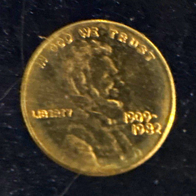 Tiny Miniature 14K Gold 1909 - 1982 Commemorative Lincoln VDB Cent in 1 Penny