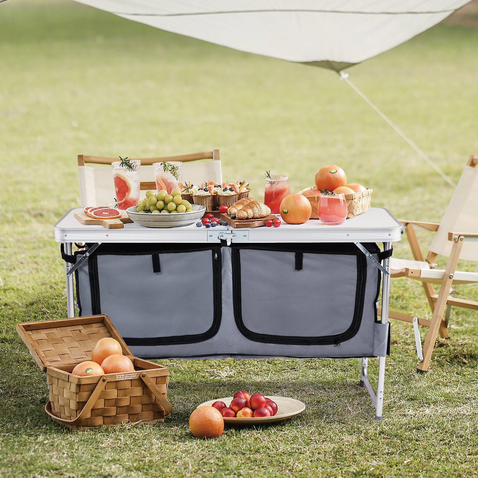 4ft White Folding Camping Table w/ Storage & Adjustable Height, Portable