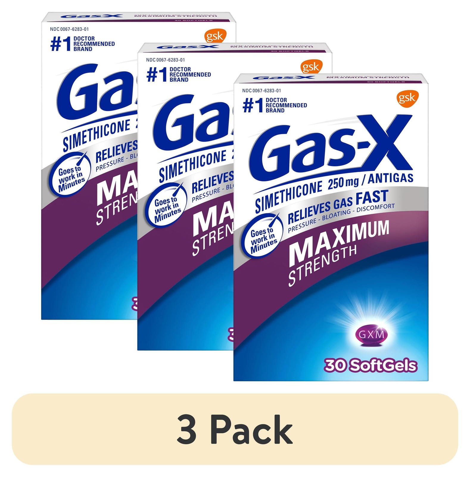 (3 pack)Maximum Strength Gas Relief Softgels With Simethicone 250 Mg - 30 Count