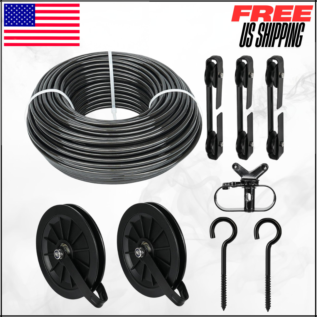 PVC Coated Galvanized Clothesline Heavy Duty Pulley Kit W/ Hooks 150' 3PC Black