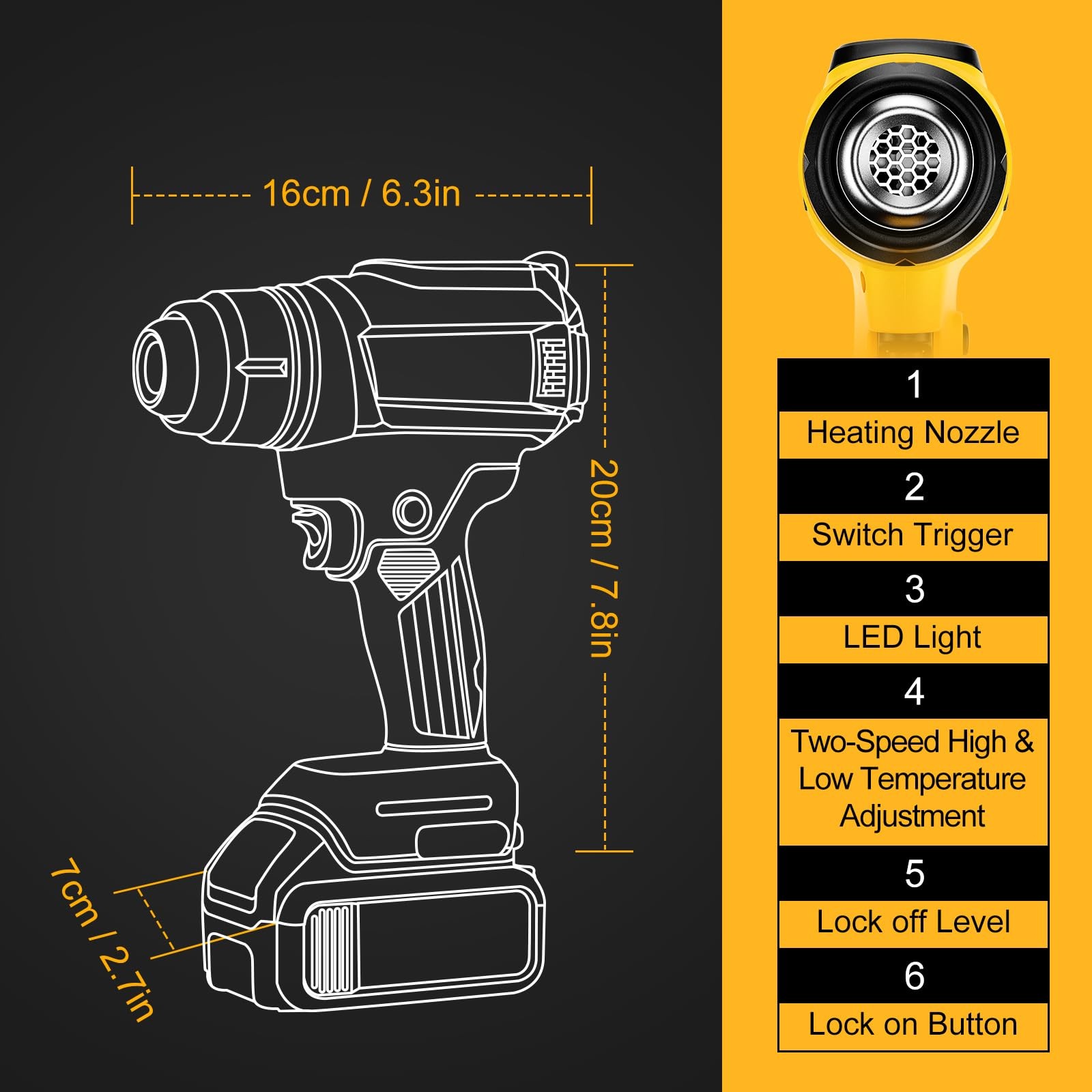 Cordless Heat Gun for Dewalt 20V Battery, 350W,LED Light,Fast Heating Solderi...