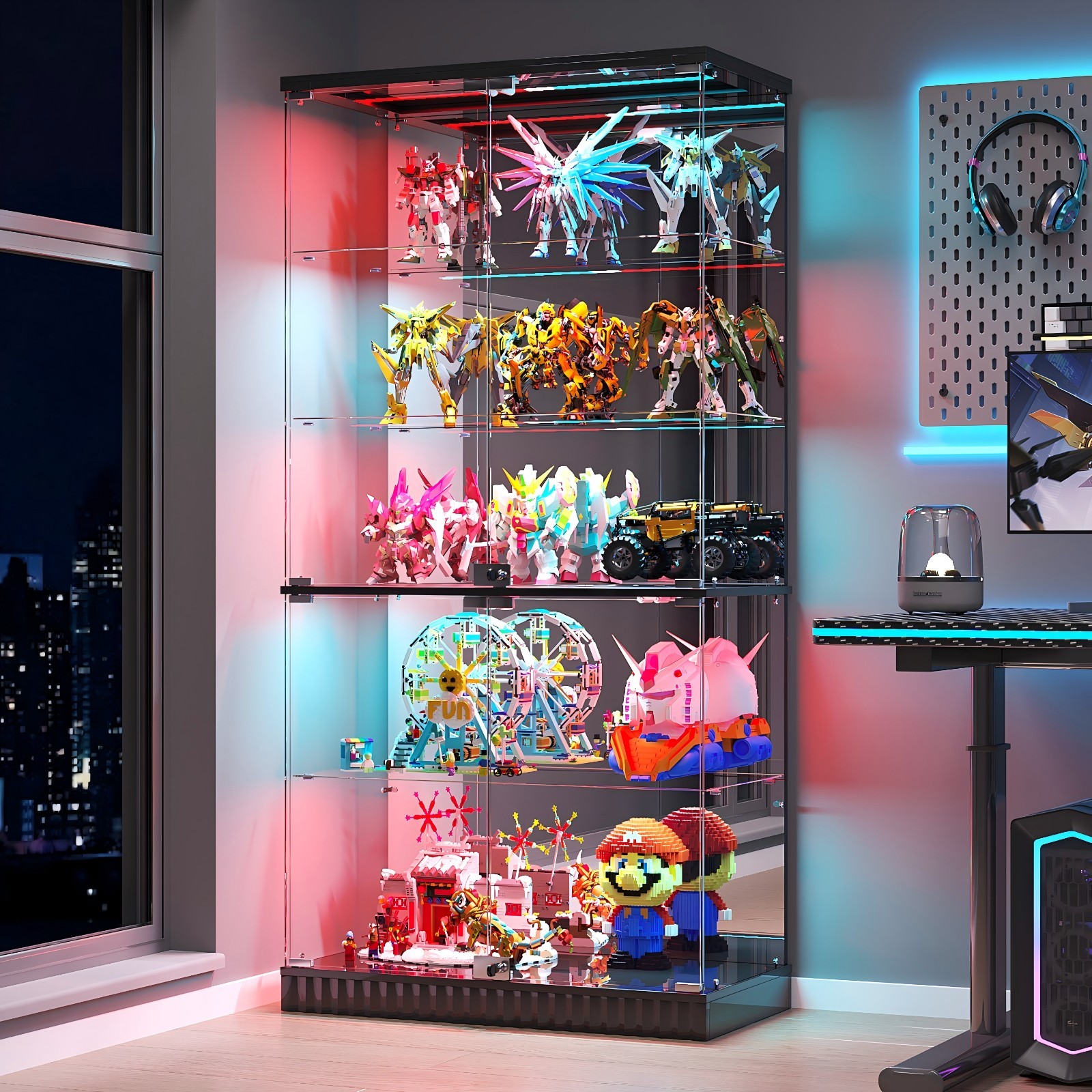 Glass Display Cabinet with RGB Light, Lockable Curio Cabinet with Glass Doors