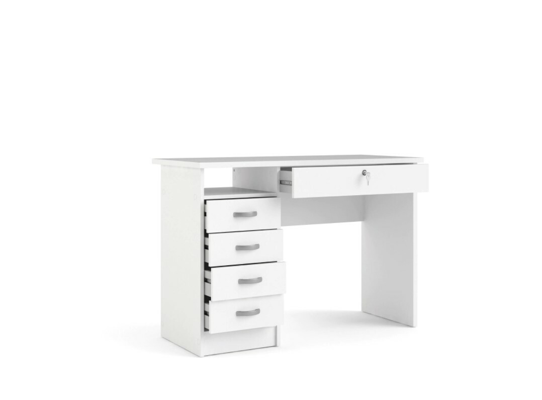 43 in. Rectangular White 5 Drawer Writing Desk with Locking Feature