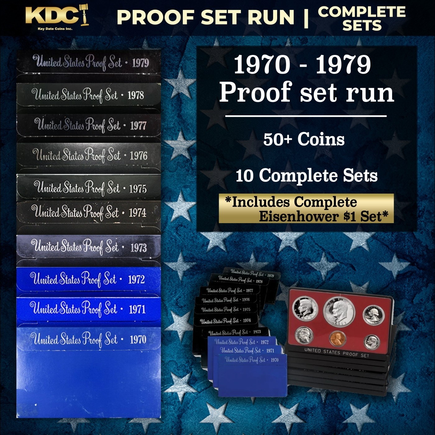 1970-1979 Full Decade US Proof Set Run 57 Coins 10 Sets Complete Ike $1 Set OGP