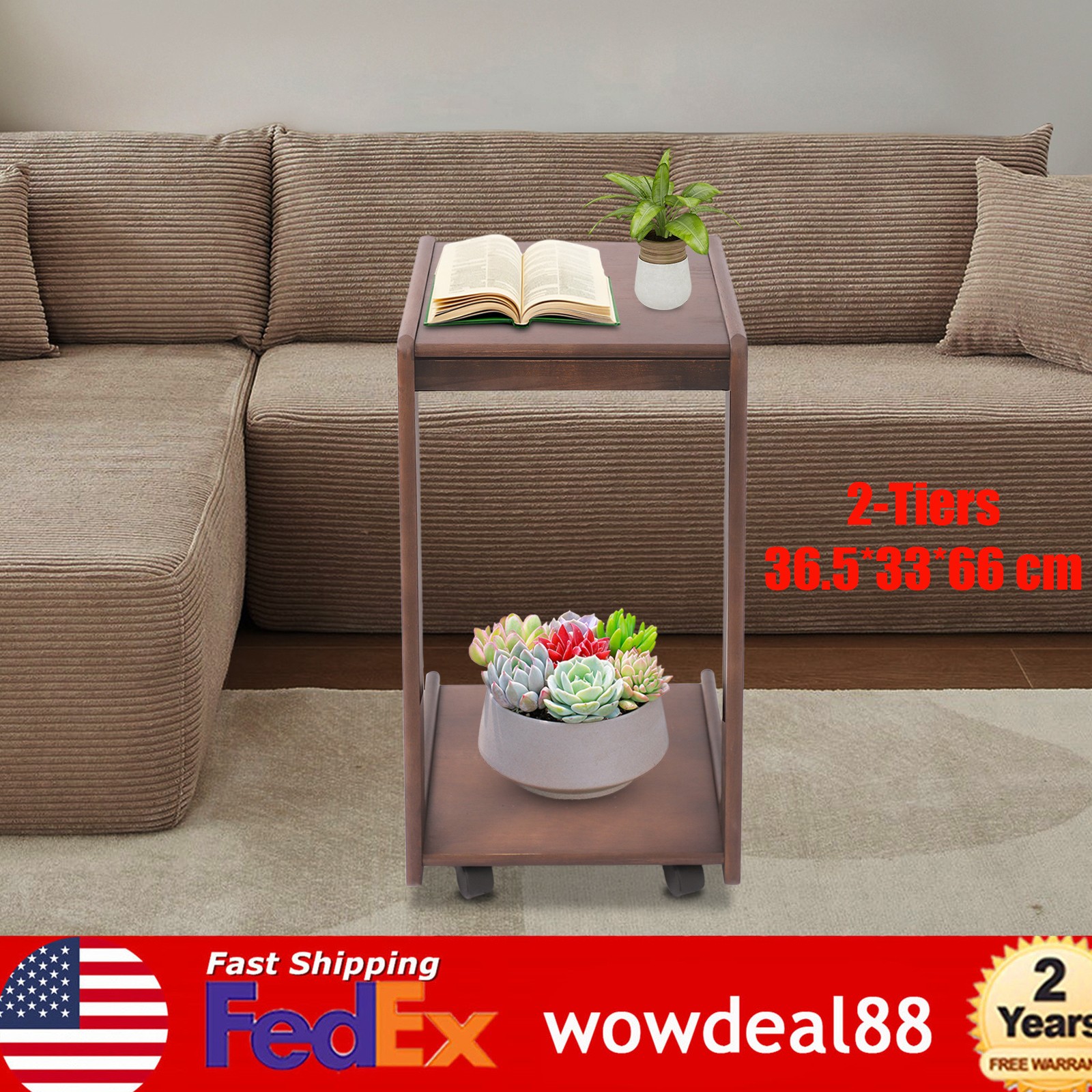 2-tierd Solid Wood Bedside C-shaped Side Table W/ Drawer & Lockable Wheels