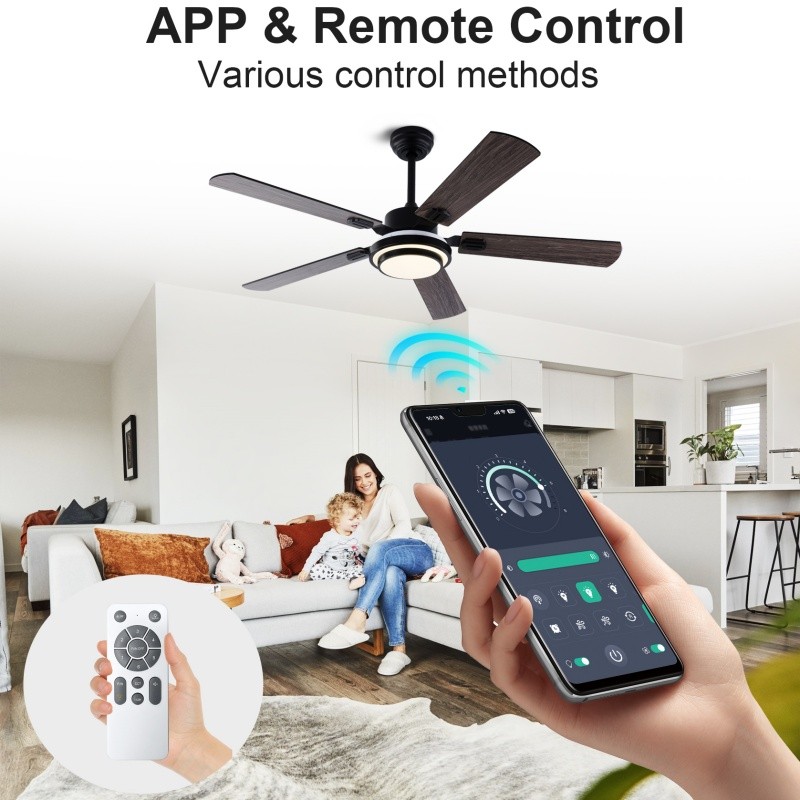 52" Modern Wood Ceiling Fan with Light 5 Double Sided Blade Reversible Remote