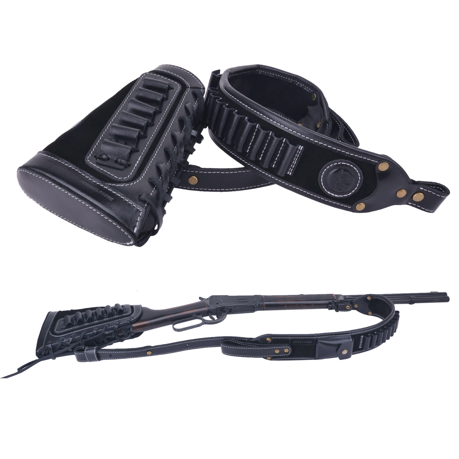 1 SET Leather Rifle Sling With Gun Buttstock For .308 .40-65 .45-70 .22-250 .44
