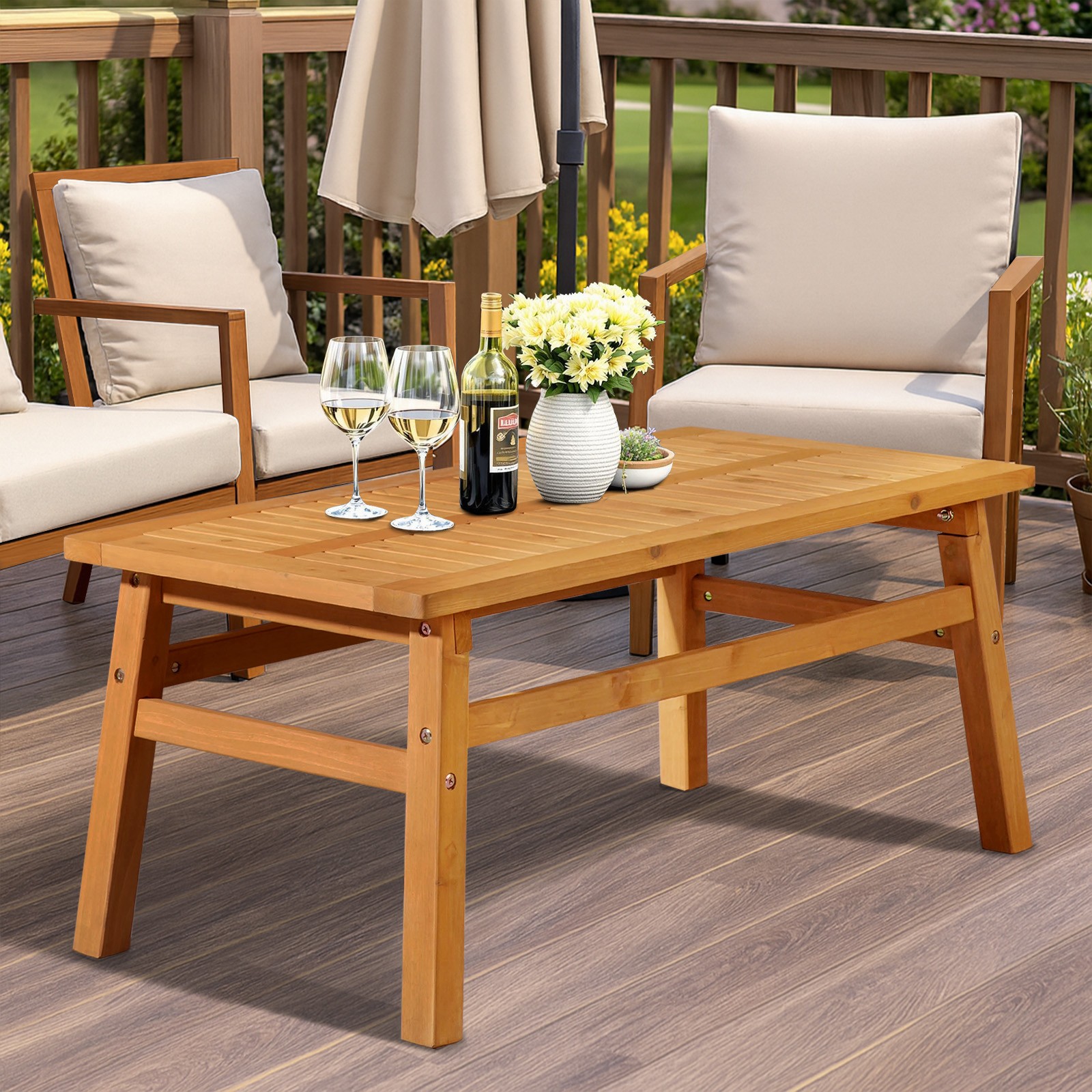 Outdoor 35-44" Farmhouse Side Wood Coffee Table for Patio Wood Accent Table