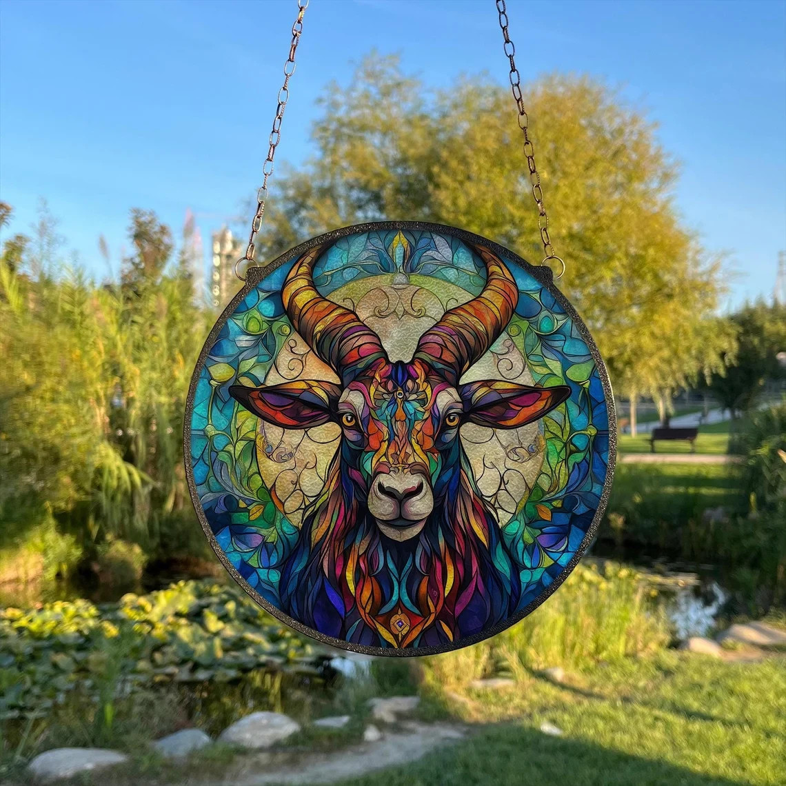 Colorful Goat Stained Glass Suncatcher, Window Hanging Decor