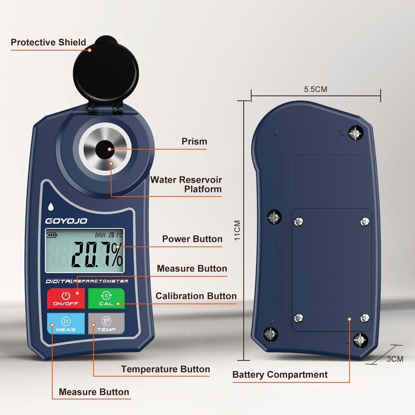 Digital Brix Refractometer 0-55% Range Meter ±0.5 Brix/1℃ Accuracy with Case