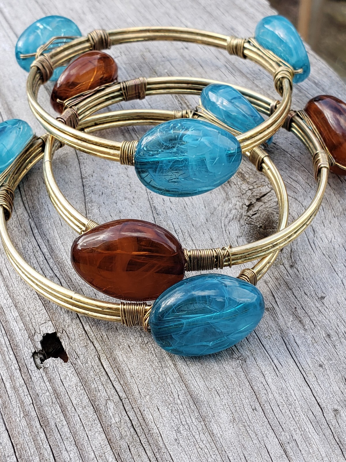 Stone Blue Geode Styled Brass Wire wrapped Bangle Bracelets 8" Set of 3