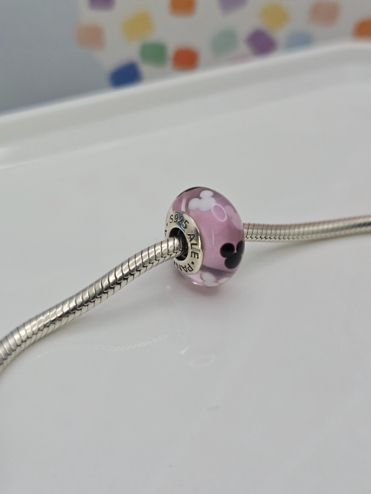 Authentic Pandora Disney Mickey Mouse Parks Pink Icon Murano glass Silver Charm