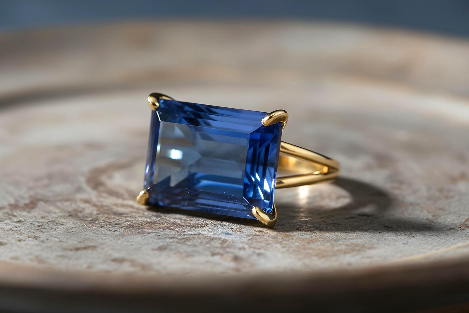 Silver Sapphire Ring Anemone Jewelry Rectangle Emerald Cut Blue Gem