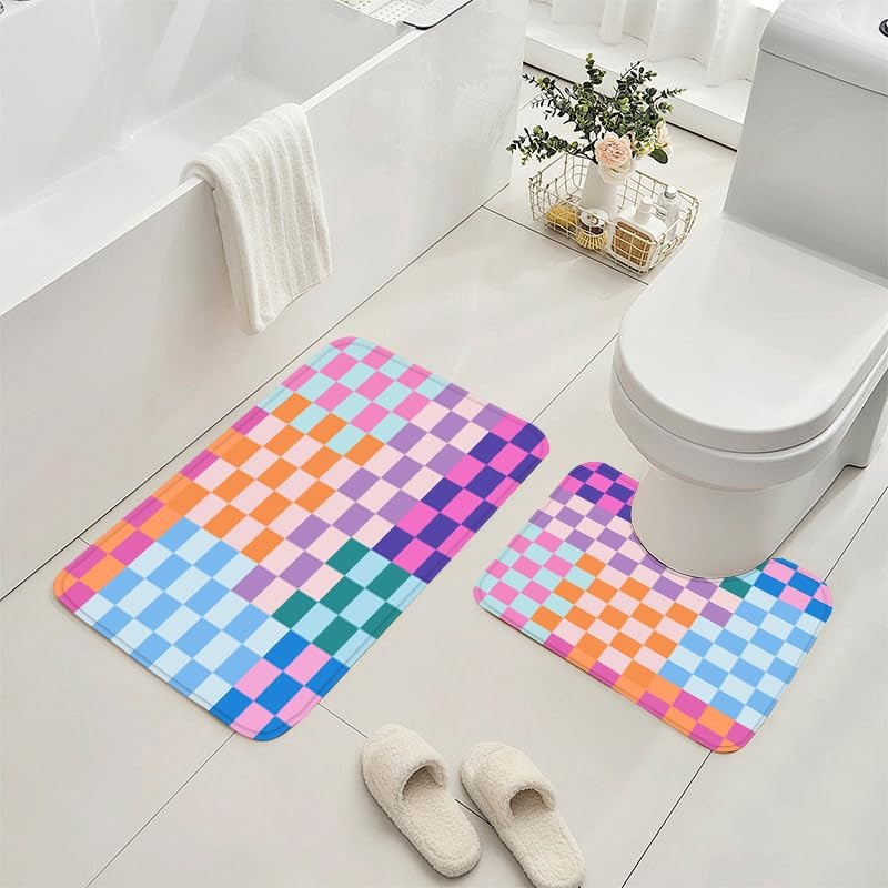 4 PCS Checkered Shower Curtain Sets Fun Gingham Bathroom Sets Soft Non Slip B...