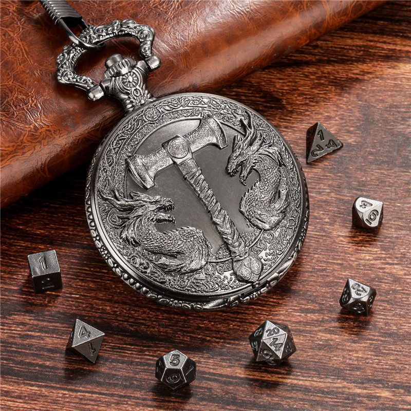 7pcs Mini Solid Metal Polyhedral Dice Set for RPG in Dragon Pocket Watch Case