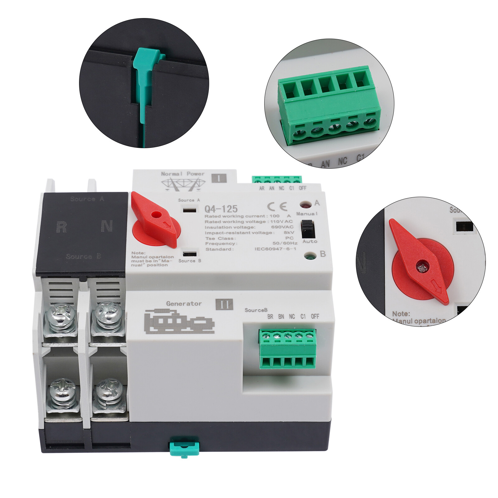 2P 100A 2 pole Dual Power Automatic Transfer Switch Generator Changeover Switch