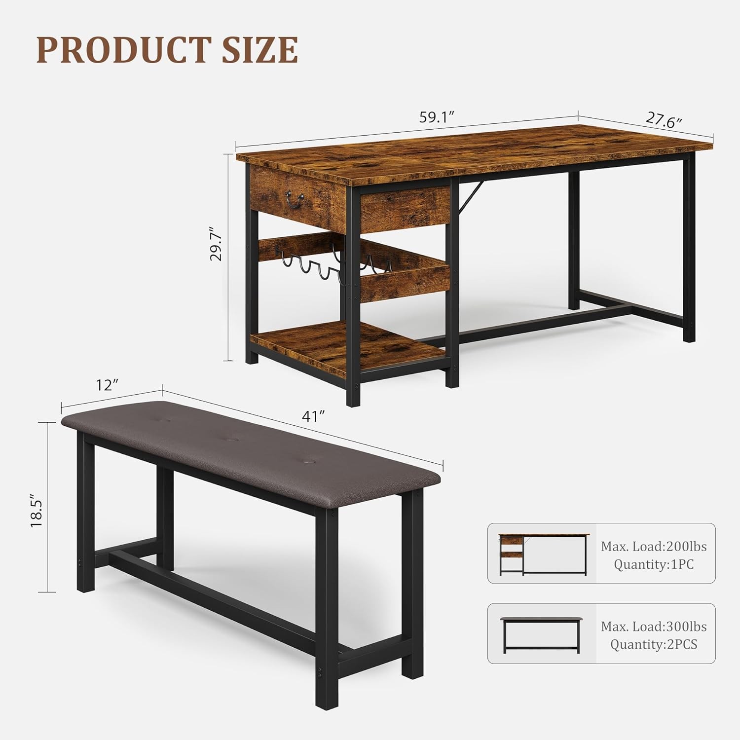 Compact Dining Table Set for 4 with Upholstered Benches Drawers Wine Rack
