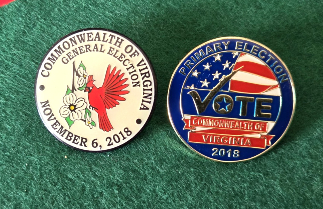 Virginia 2018 Primary &General Election Metal Lapel Pins Pinbacks Poll Worker H3