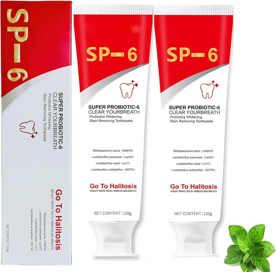 2 Pack Premium Super Probiotic SP-6 Toothpaste BRIGHTENING Fresh Breath 120g ea.