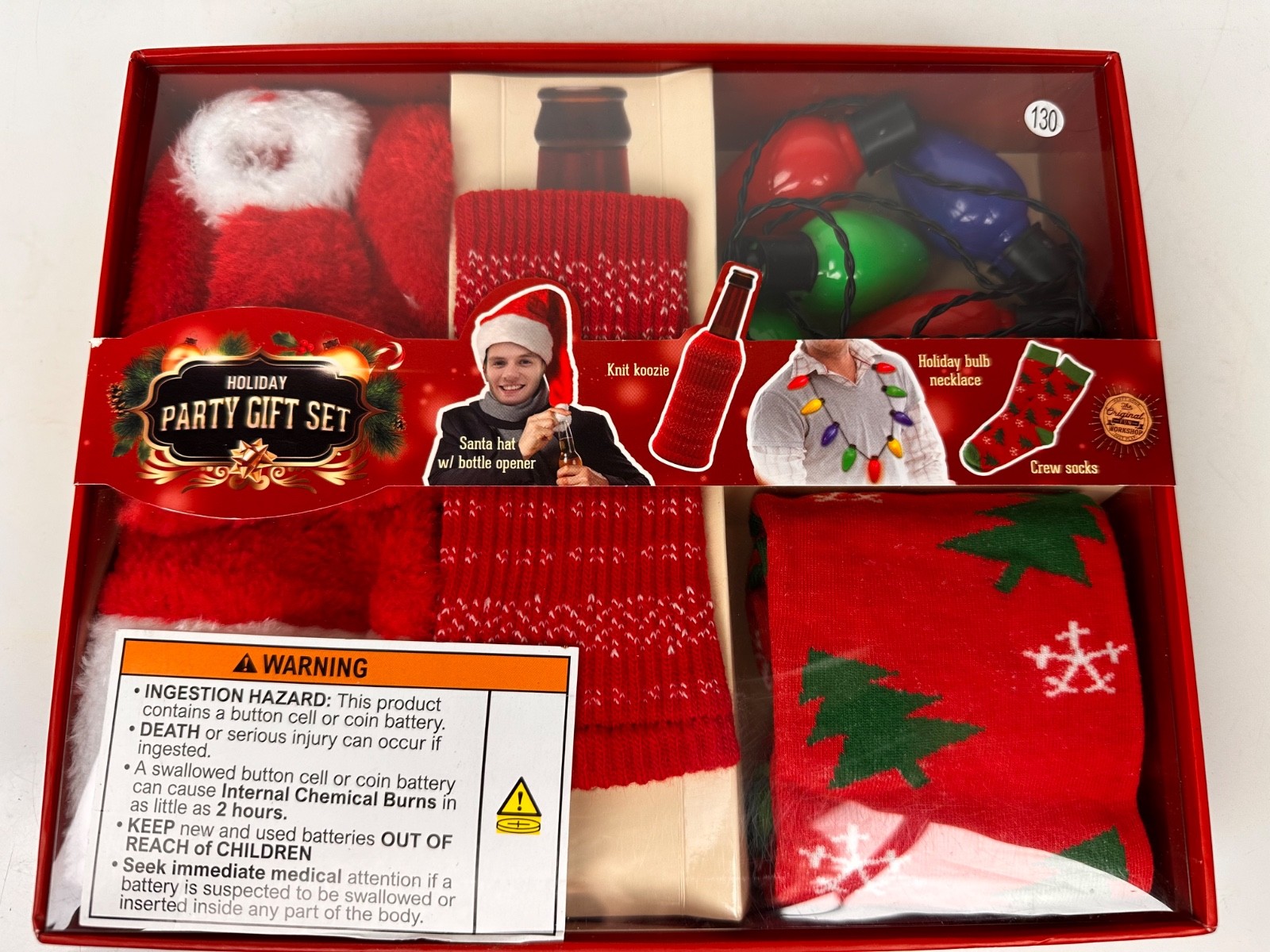 Holiday Party Gift Set SANTA HAT BOTTLE OPENER KNIT KOOZIE  BULB NECKLACE&SOCKS