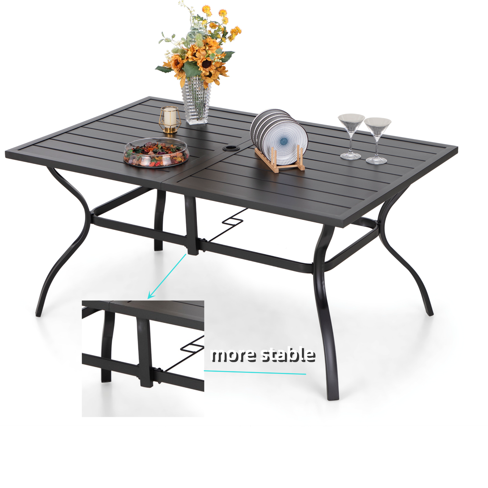 PHI VILLA Patio Dining Table for 6 Person Outdoor Table with Umbrella Hole Black