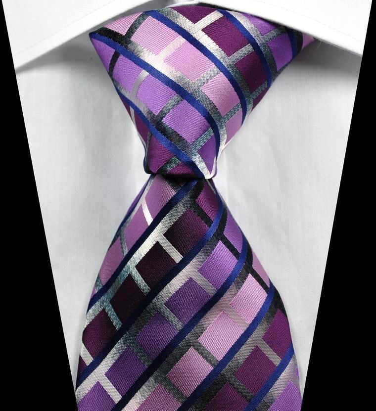 New Classic Plaid Purple Black Blue Jacquard Woven 100% Silk Men's Tie Necktie