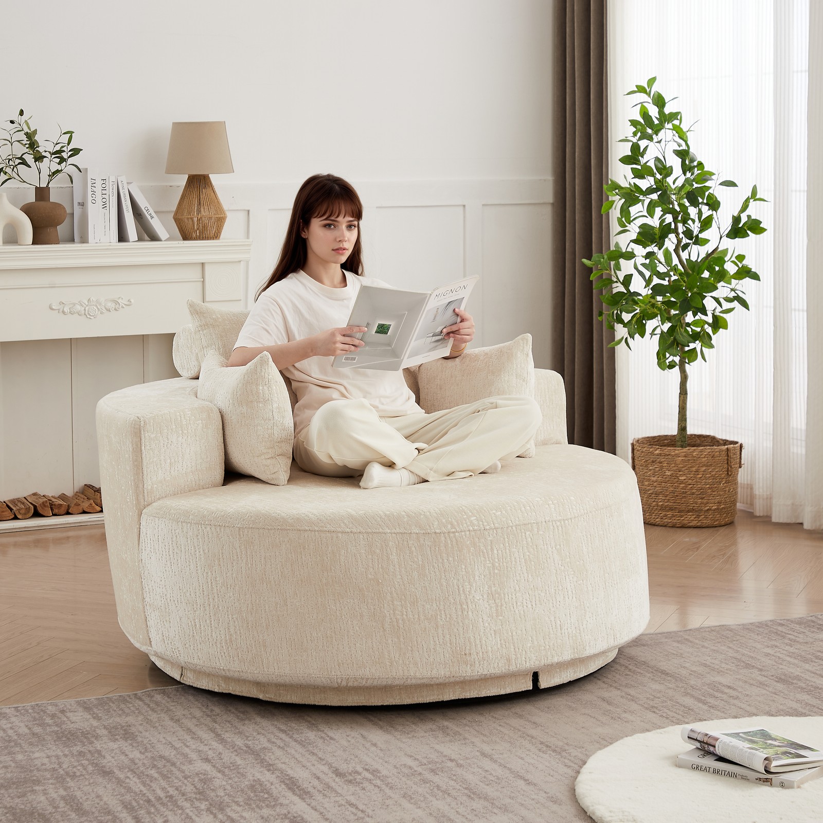 55''L Polyester Foam Single Chair,Fluffy Modern Sleeper 360 Degree Swivel Chair