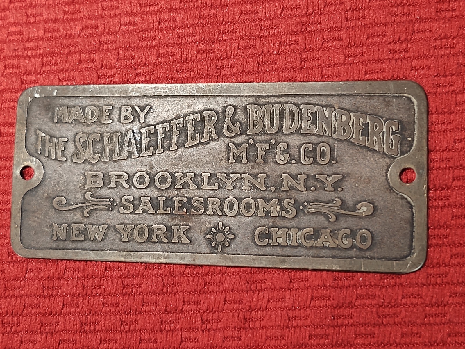 Made by Schaeffer & Budenberg Small-Sized Salesroom Plaque Brooklyn N.Y.