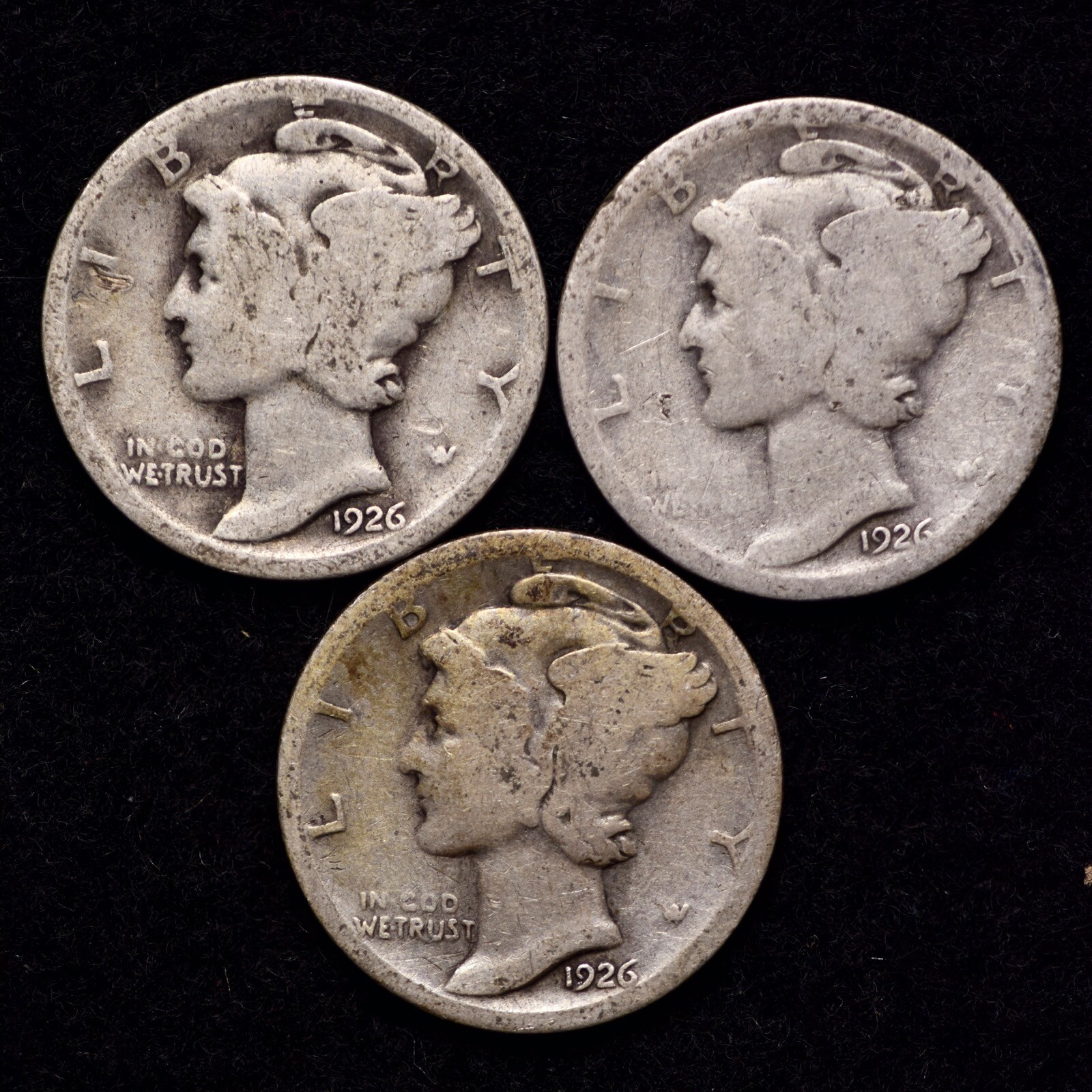 1926 P D S (3 PIECE LOT) Mercury Silver Dime AG / ABOUT GOOD FREE SHIPPING