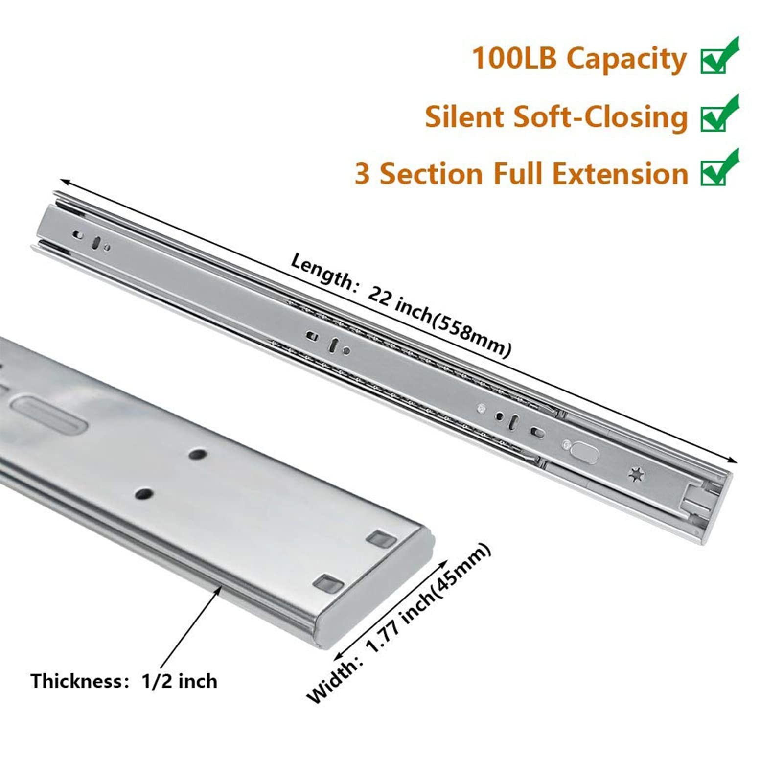 1 Pair Side Mount Heavy Duty Drawer Glides 22 inch Soft Close Drawer Slides 1...