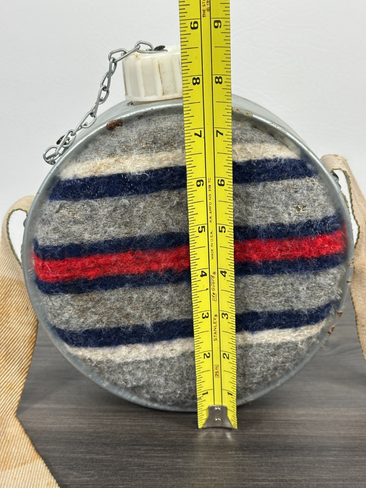 Vintage Galvanized Canteen Metal Wool Felt Covered with Strap