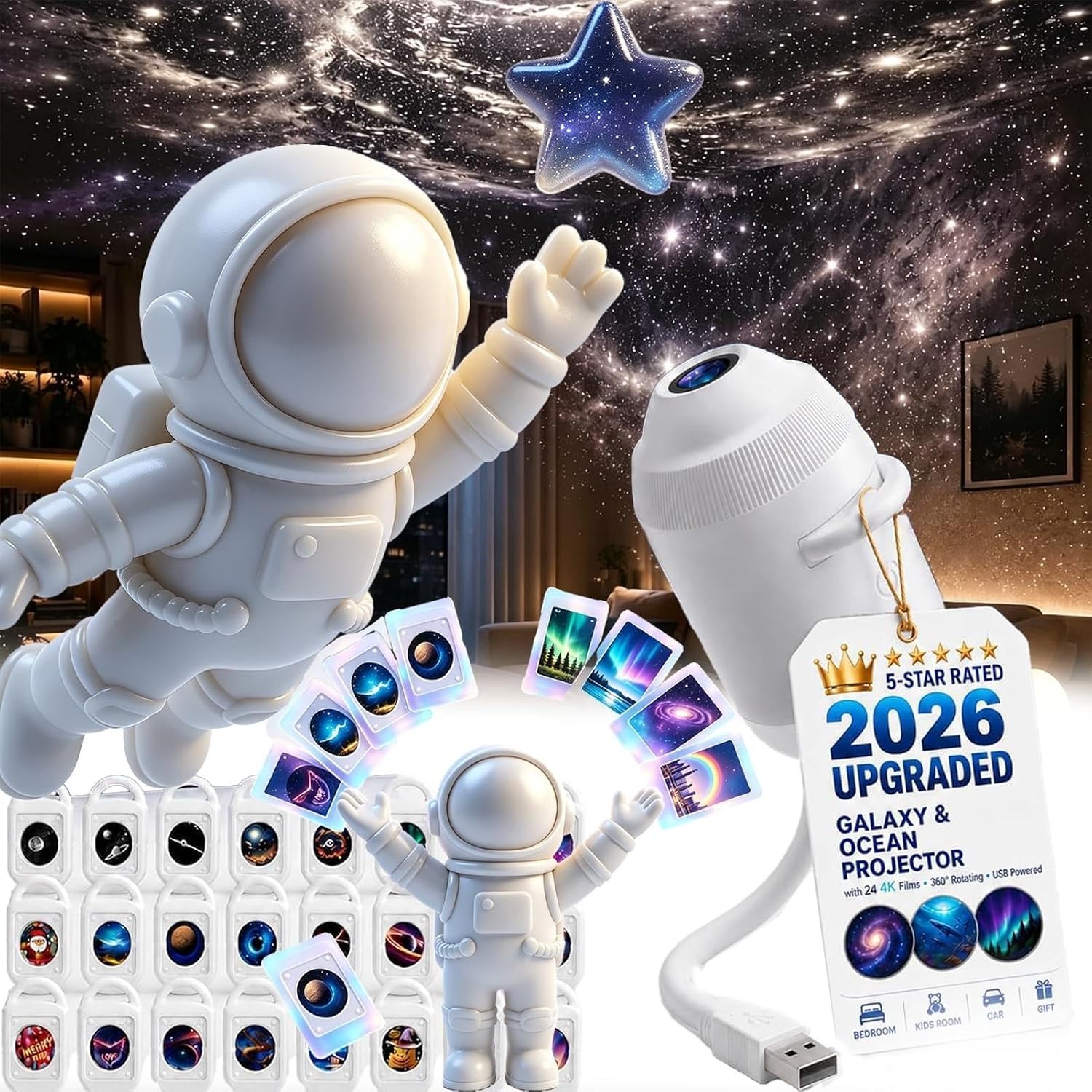Plug and Play Hd Star Projector with 24 Films, Hd Smart Dynamic 5D Holographic