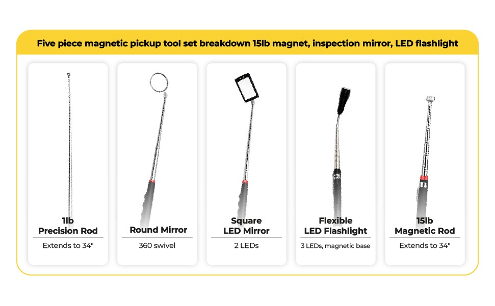 Telescoping Magnetic Pickup Tool Set 5-Piece Inspection Mirror Grabber Kit