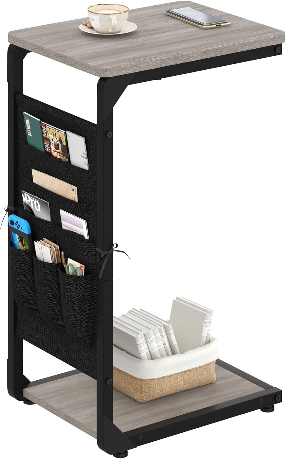 Narrow C-Shaped End Table W/ Storage Bag Small Couch Side Table Sofa TV Tray