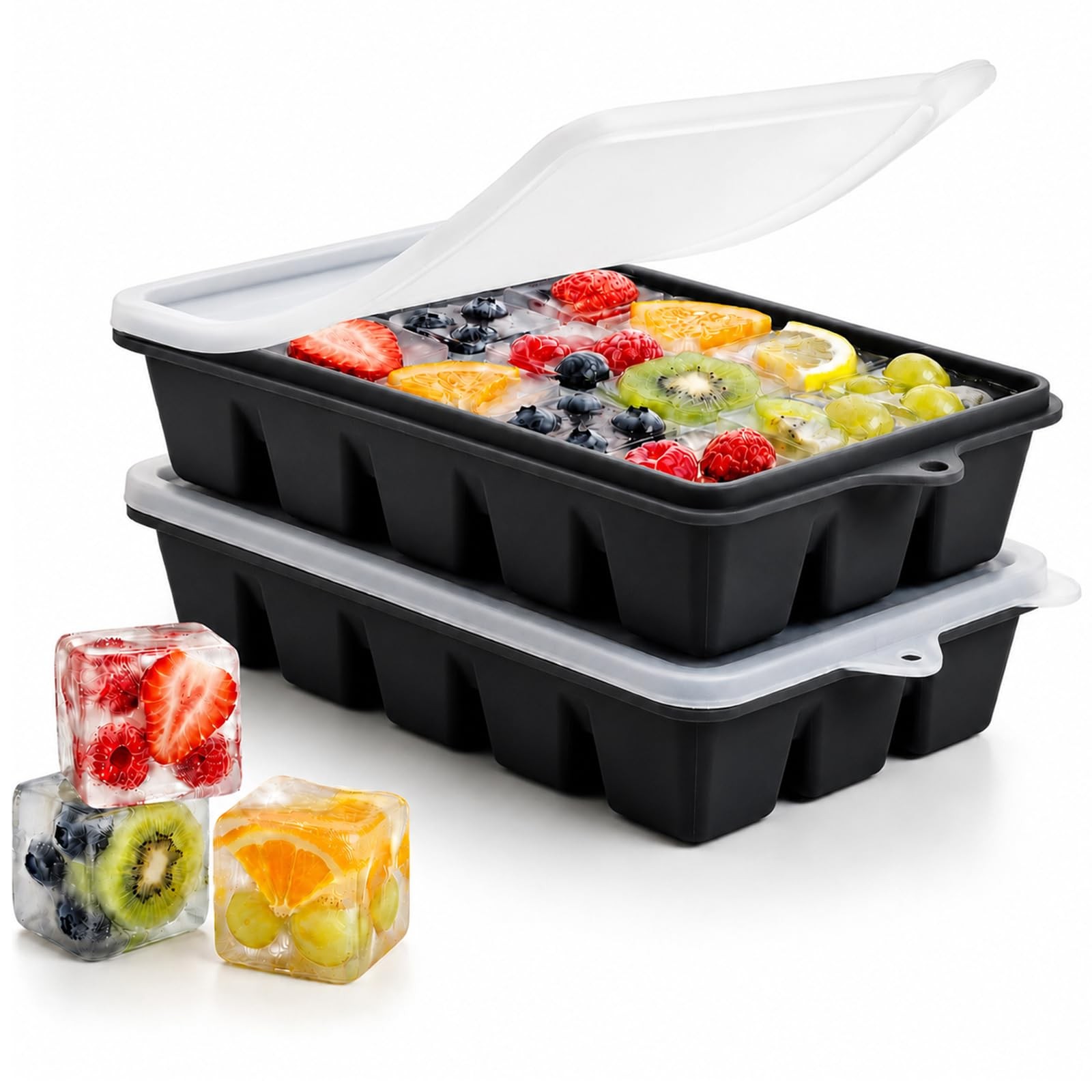 2 Pack Black Silicone Ice Cube Trays with Lids Easy Release
