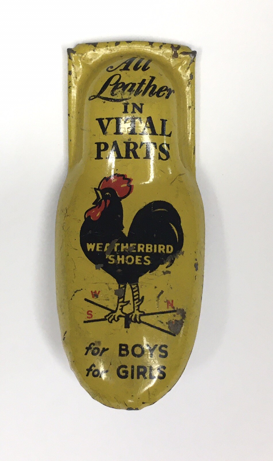 1940's WEATHERBIRD SHOES yellow advertising tin clicker premium ROOSTER