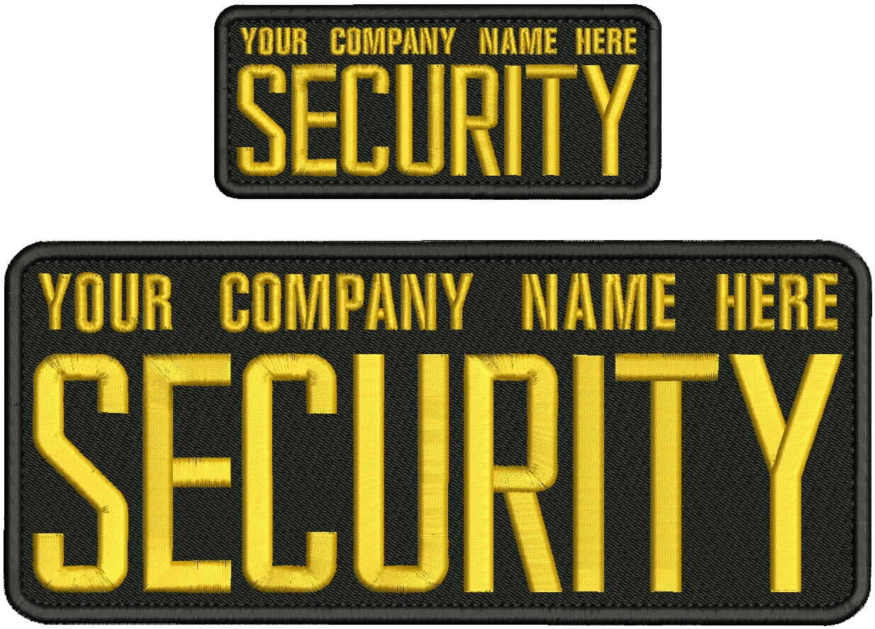 CUSTOM SECURITY EMBROIDERY PATCH 4X10 AND 2X5 VELCR@ ON BACK GOLD ON BLACK