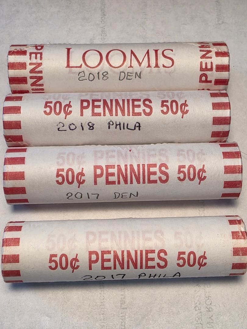 2017 & 2018 P&D UNC ROLLS PENNIES 4 TOTAL
