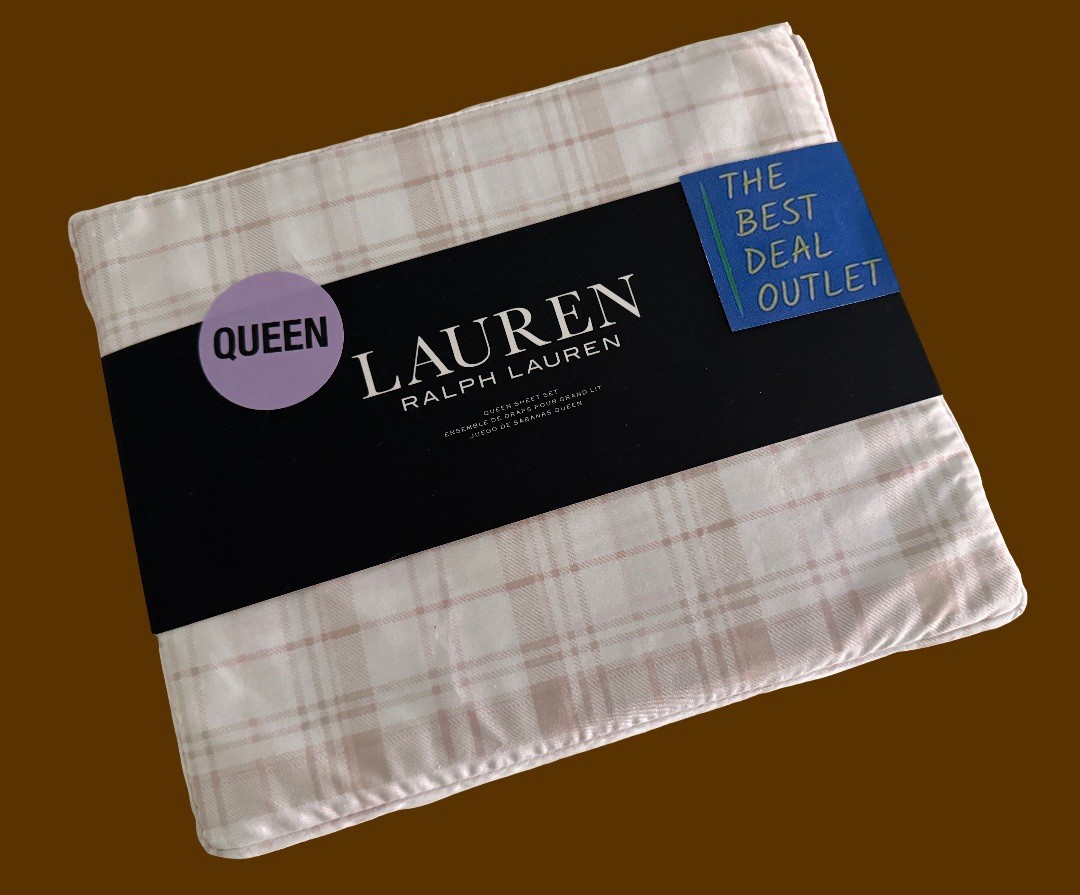 New Ralph Lauren Queen Sheet Set 4 PCS 100% Cotton Deep Fit Beige Pink Plaid