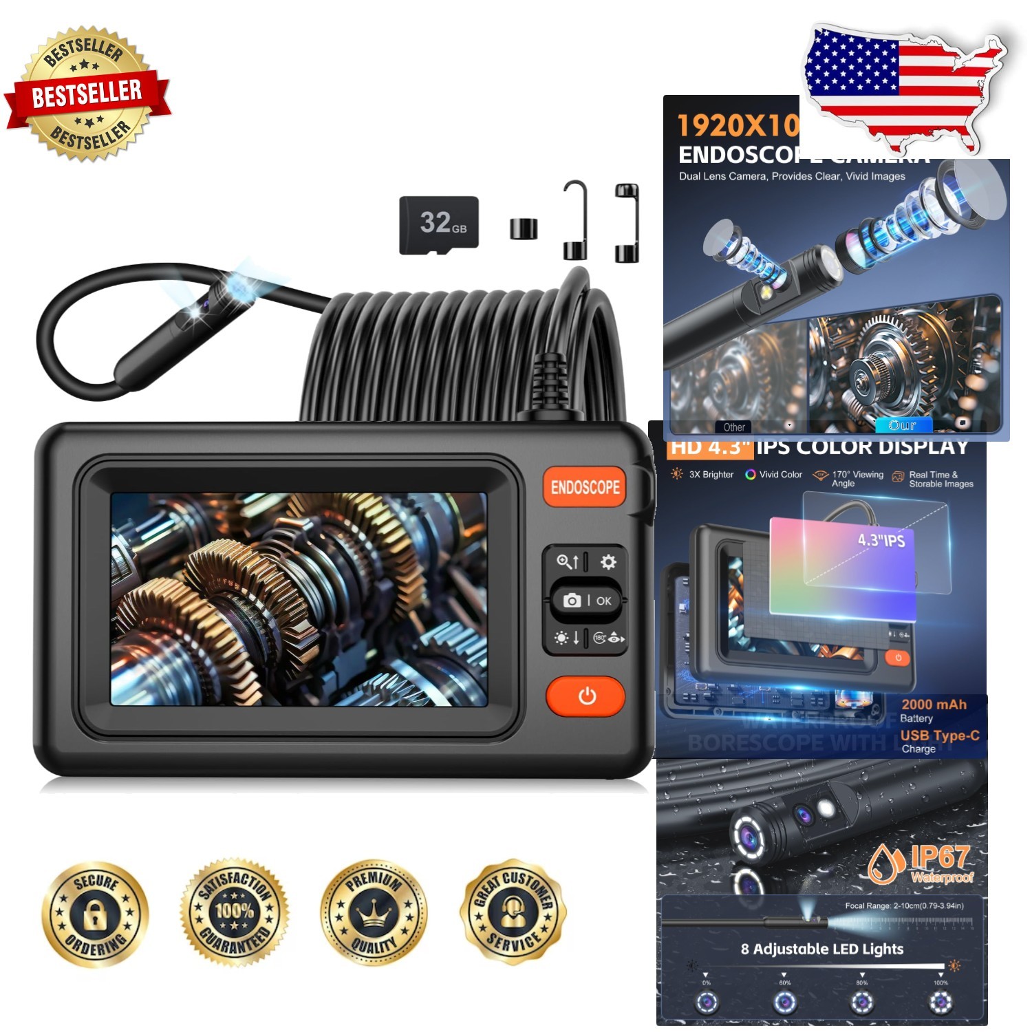 Dual Lens Endoscope w/ 4.3" HD Screen, 1920P Borescope, 16.4FT Cable