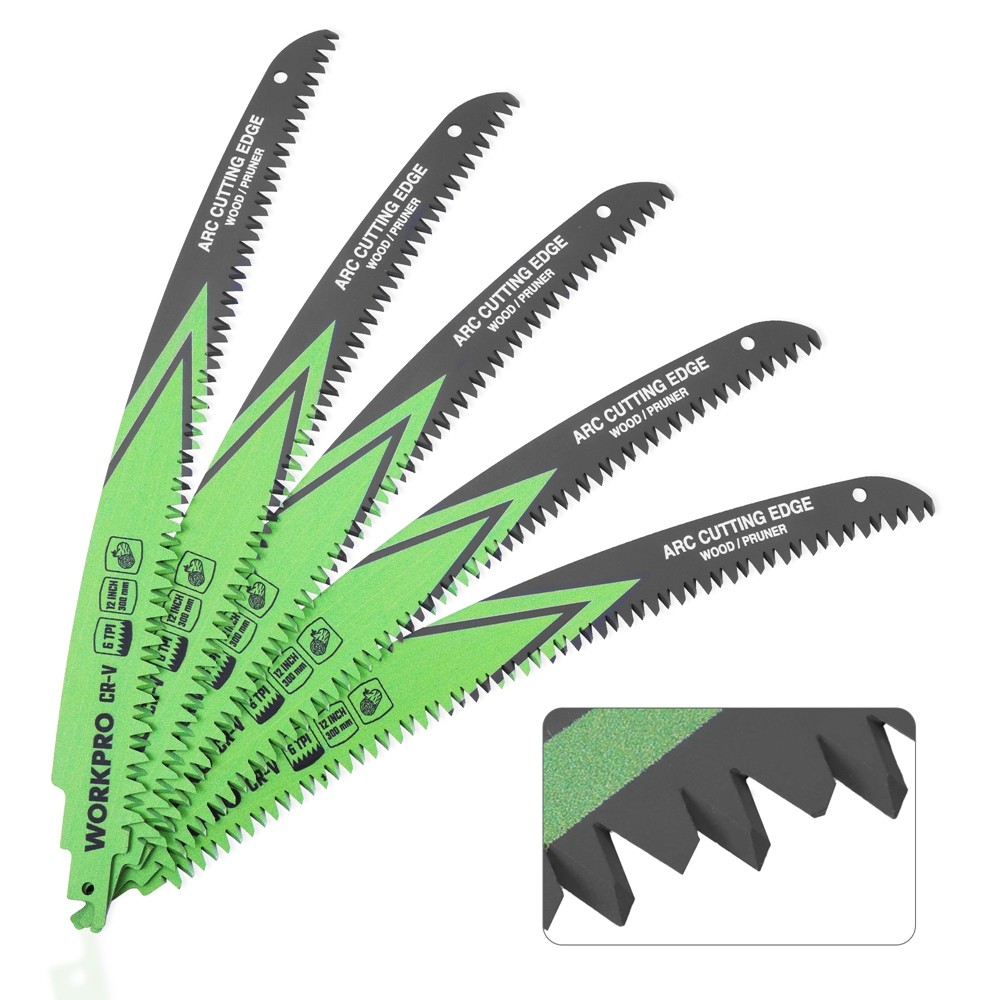 WORKPRO 5PCS 12" Wood Pruning Reciprocating Saw Blades Set Arc Cutting Edge 6TPI