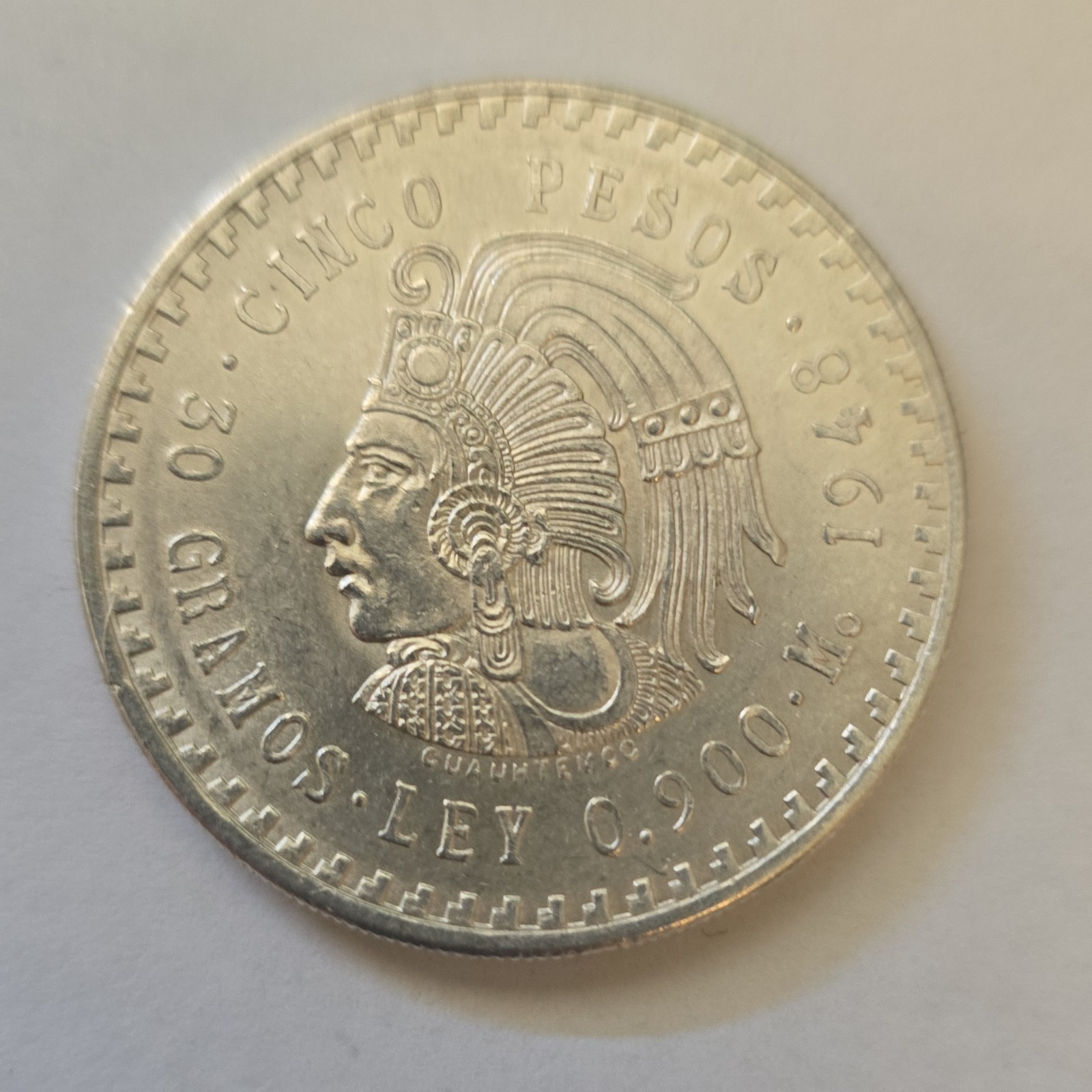 1948 Mexico 5 Pesos Silver Coin Cuauhtémoc .900 Fineness Uncirculated