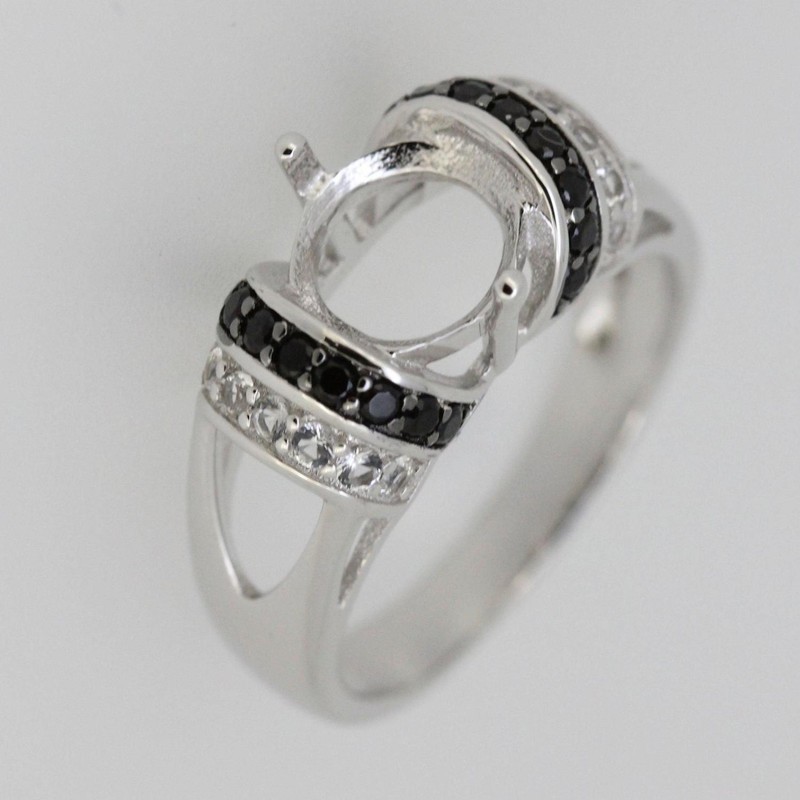 925 Sterling Silver 8mm Round Cut Semi Mount Ring Black White Pavé Band Ring