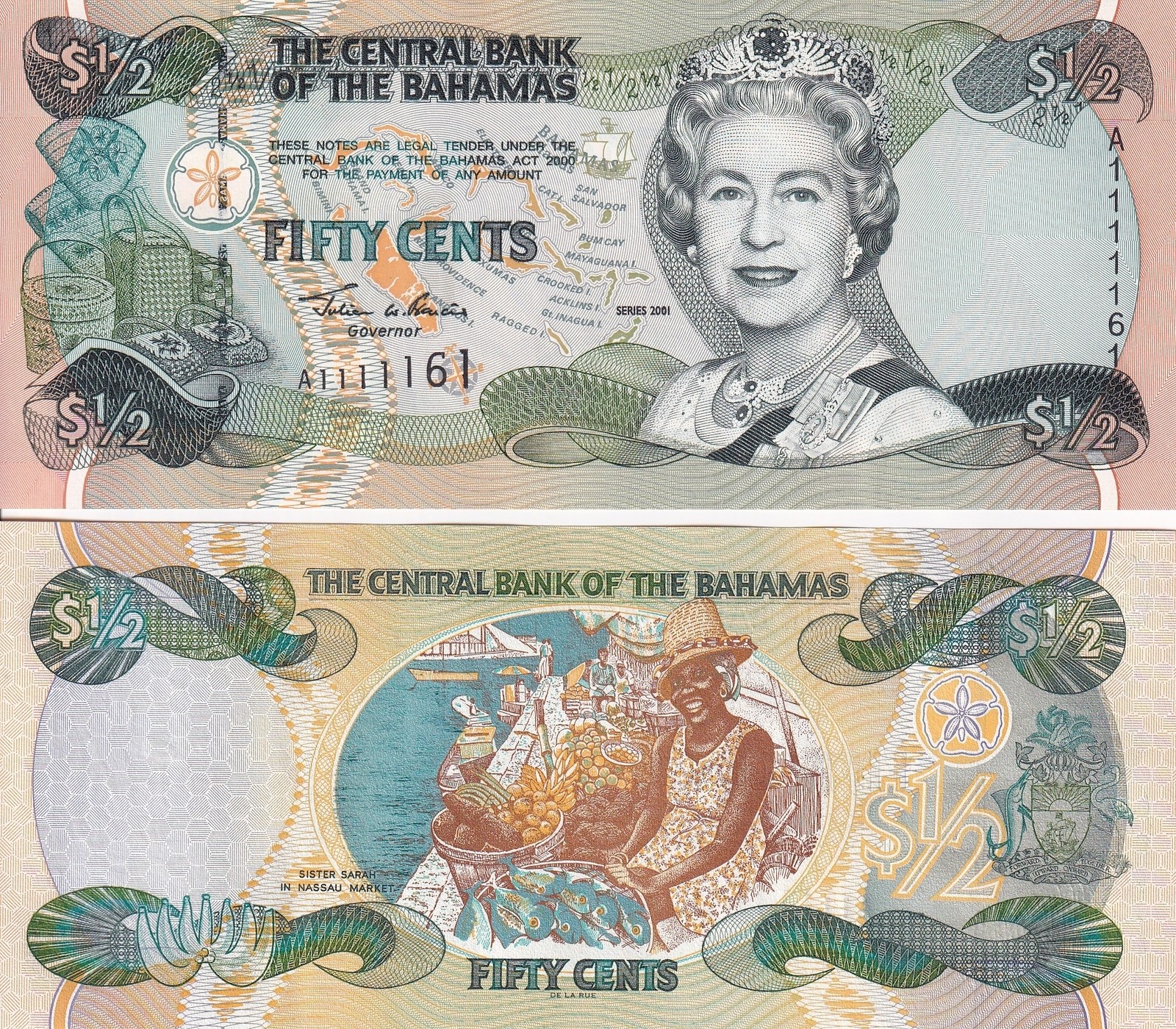 Bahamas 1/2 Dollar P 68a 2001 Half Dollar QEII UNC No.11111XX
