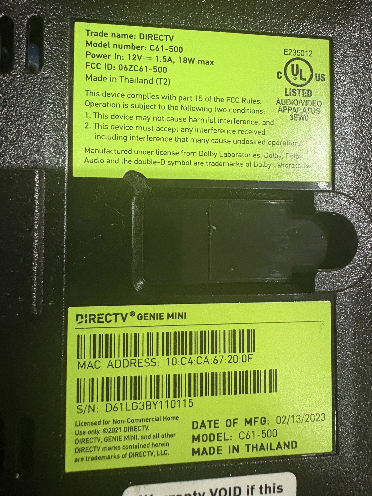 DIRECTV Genie Mini Wireless with AC Adapter C61 - 500 Powers on