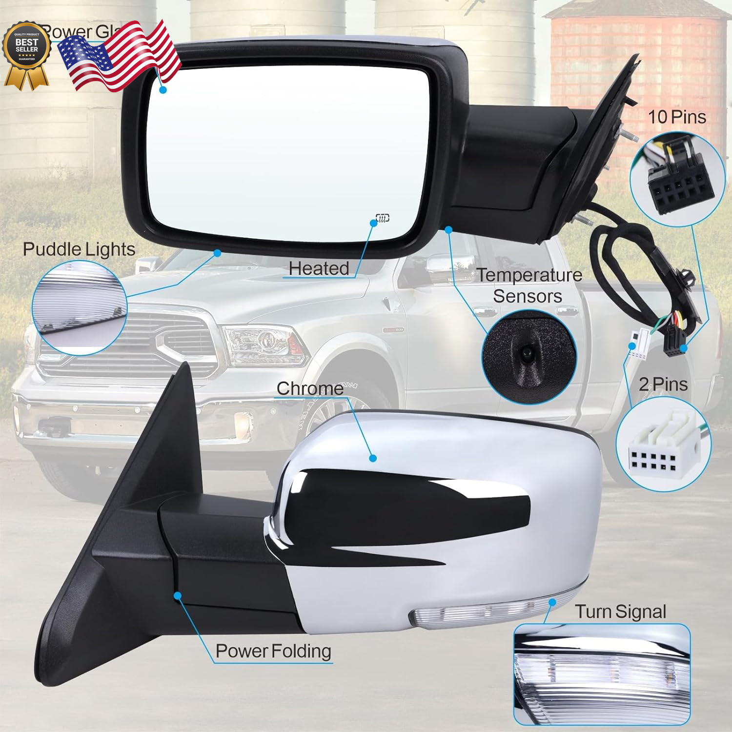 Left Driver Side Mirror Compatible with 2013-2018 Ram 1500 2500 3500 with Power