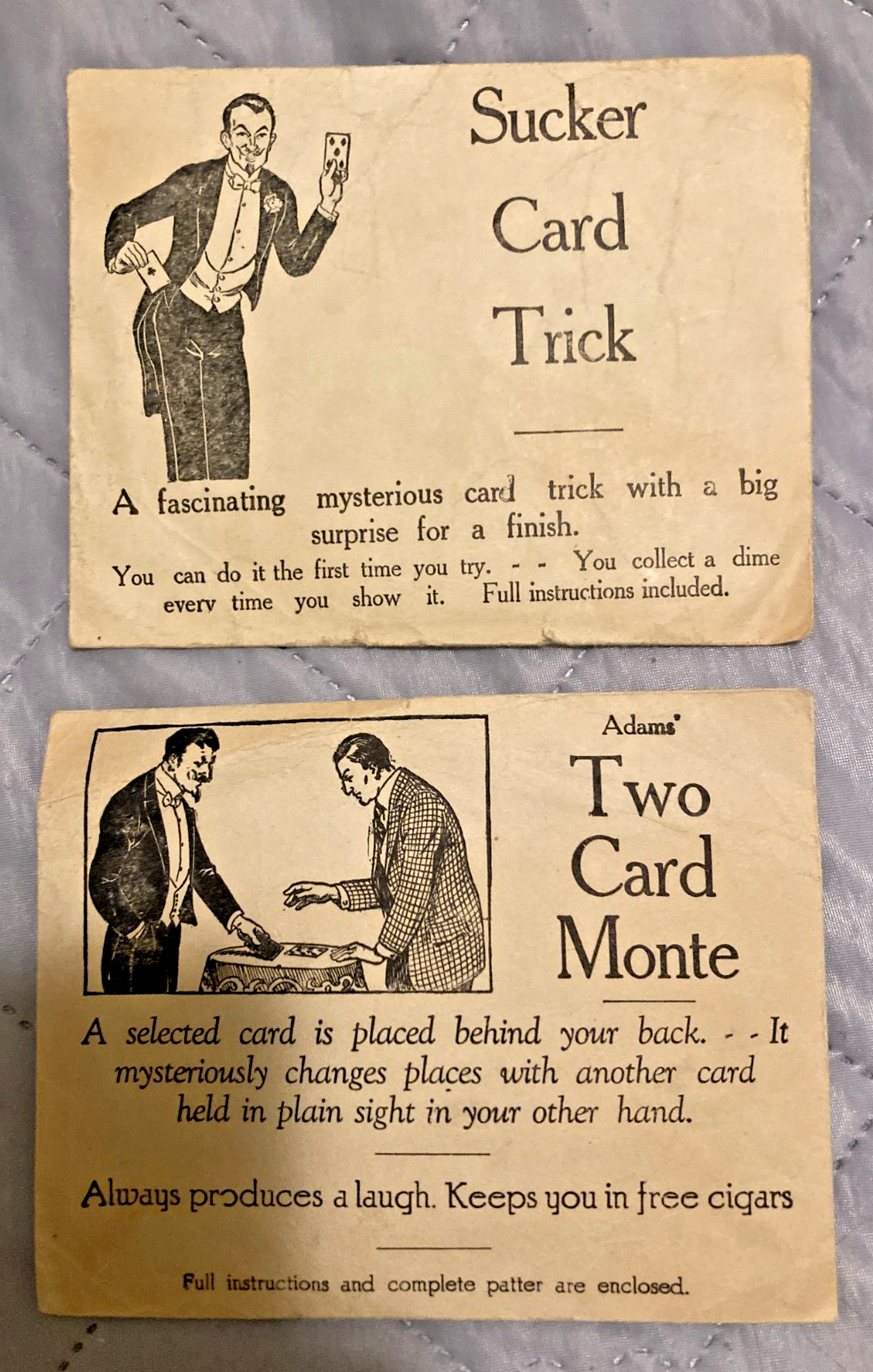 2 Vintage ADAMS' Magic Tricks Sucker Card Trick & Two Card Monte c1950s