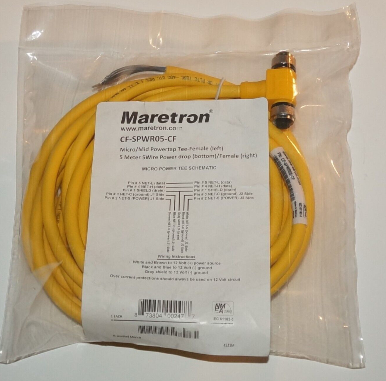 Maretron Nav Power Drop Tee ~ Bottom Female L/R - 16' ~ 5m NMEA2K Micro Powertap