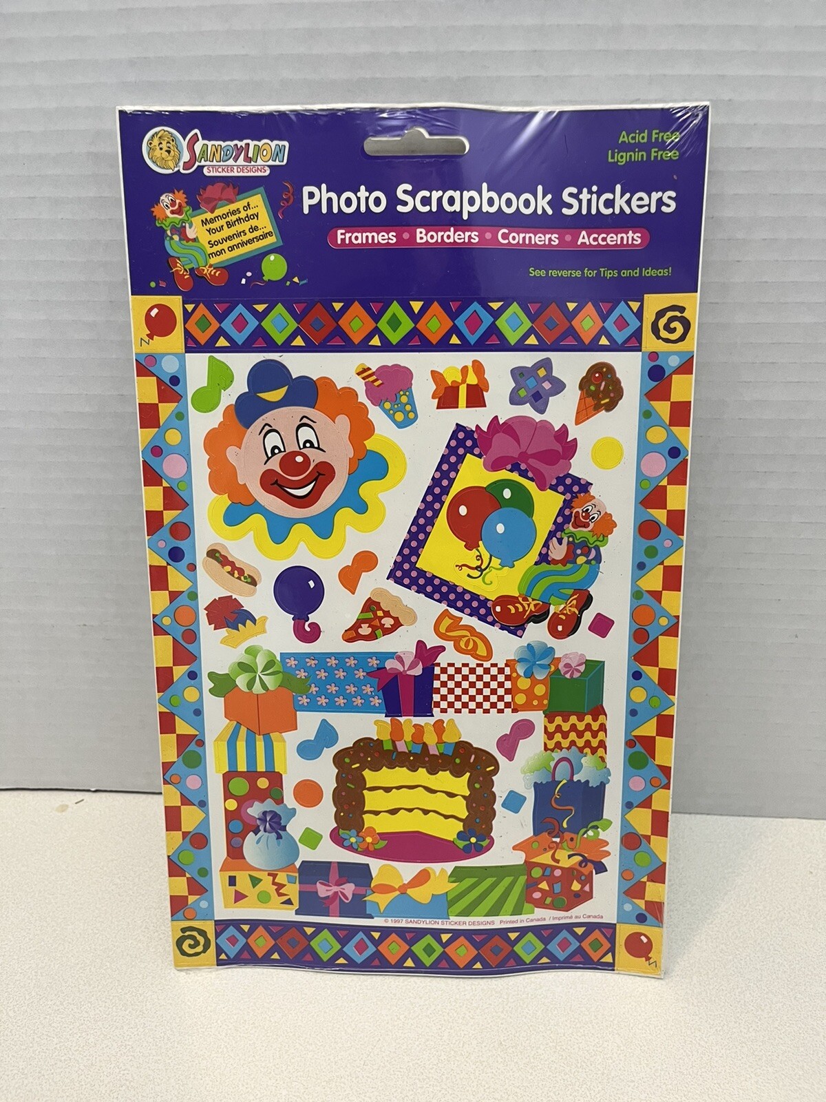 Sandylion Scrapbook Stickers Sheet Vintage 1997 Clown Birthday Cake Party NEW