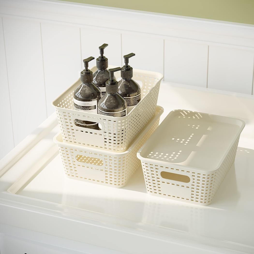 6 Pack Plastic Storage Baskets with Lids, Breathable Stackable Organizer Bins...